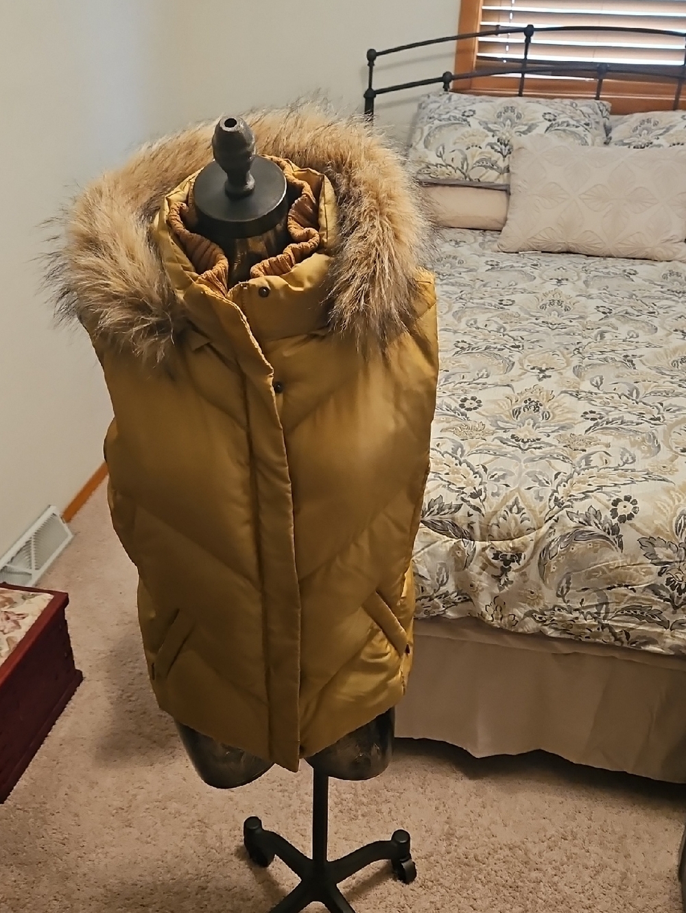 Relativity Mustard Yellow Hooded Puffer Vest with Faux Fur Trim